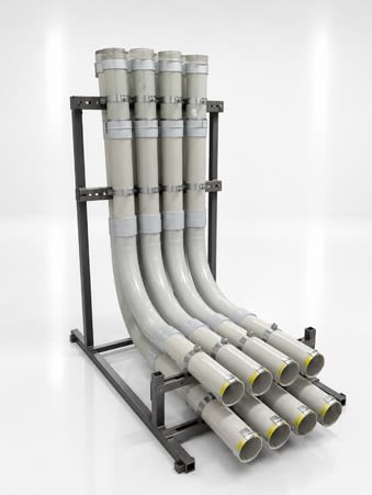 Stub up assembly: bent conduits held in a steel stand