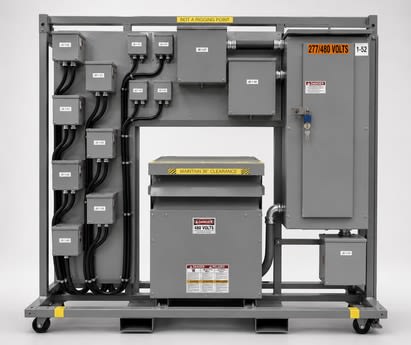 Temporary power stand: a transformer and panels on a wheeled steel frame