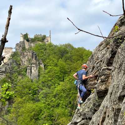 Me climbing with Dürnstein castle in the background