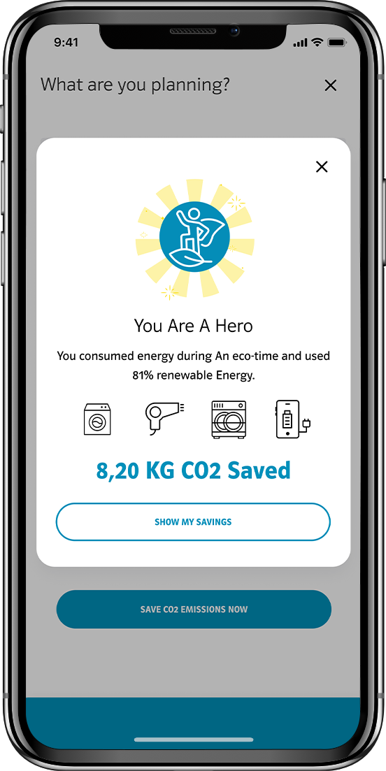 A phone showing bayernwerk okoheld app that is saying the percentage of carbon dioxide saved 