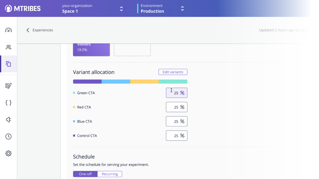 Configured in the targeting tab of the experiment, the variant allocation UI is a marked improvement over the previous process of setting allocation across separate Scenarios. Users can also change the targeted audience and schedule from here.