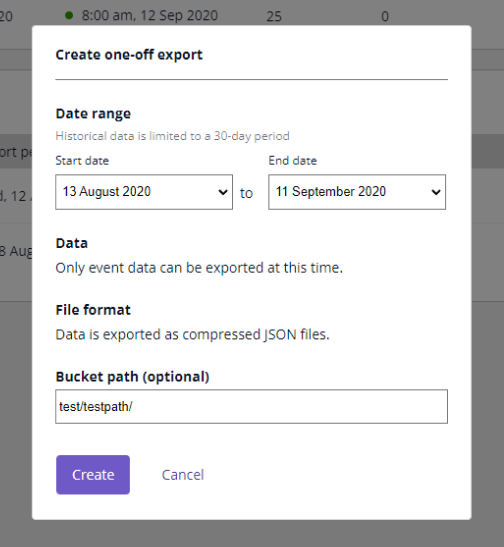 The one-off export modal from the testing prototype.