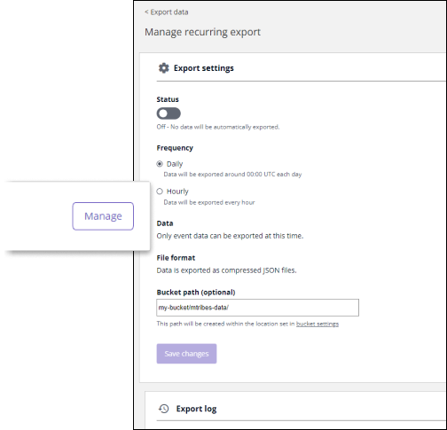 The confusing "Manage" CTA and export settings section on the manage recurring export page.