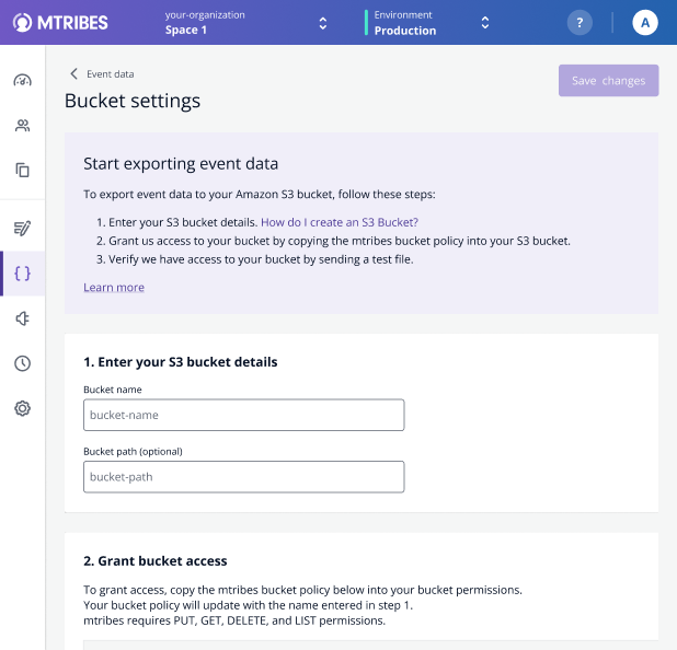 The bucket settings page where users allow mtribes to export to an Amazon S3 bucket of their choice. The stepped process was important to highlight to the user due to required steps potentially displaying out of view.