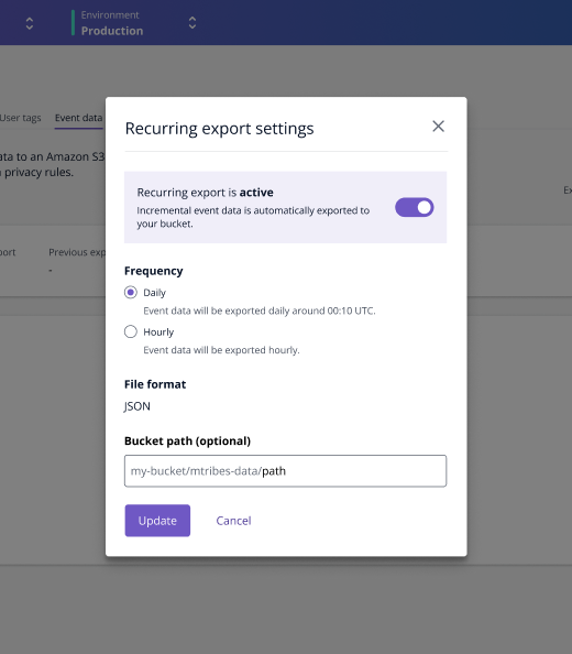 The recurring export settings modal in the active state. The user can pause the export, change the export frequency and change the path of the export within their Amazon S3 bucket.