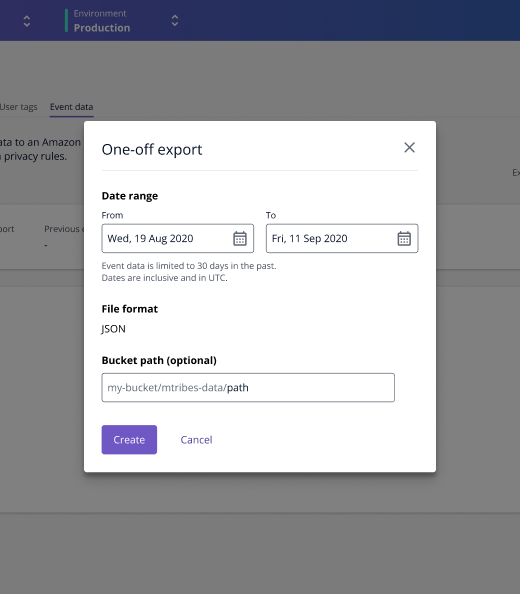 The one-off export creation modal. Users simply select a date range and an optional path to create a new export.