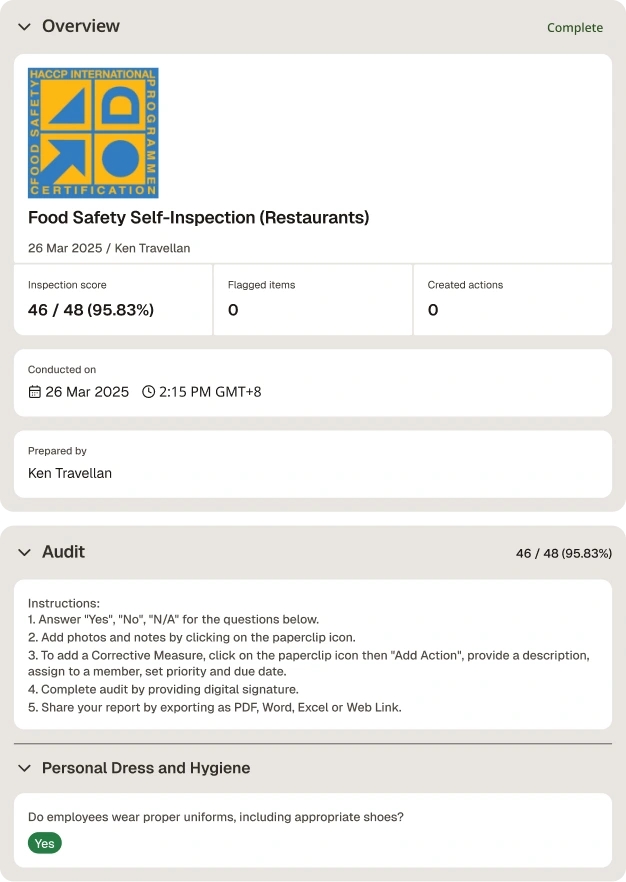 Restaurant Food Safety Audit Inspection Checklist