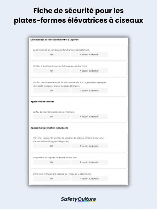 Fiche de sécurité pour les plates-formes élévatrices à ciseaux