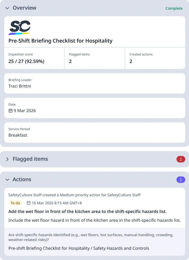 Pre-Shift Briefing Checklist for Hospitality