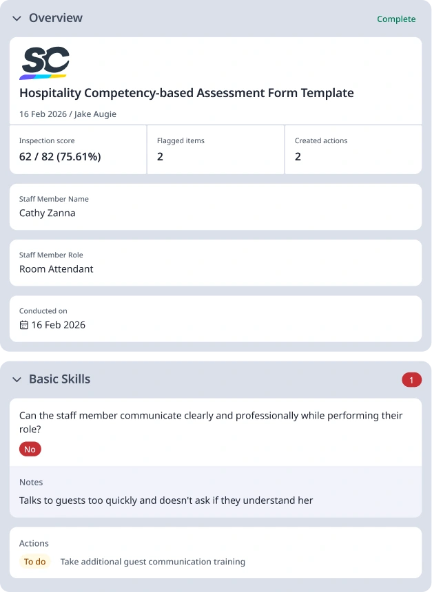 Hospitality Competency-Based Assessment Template