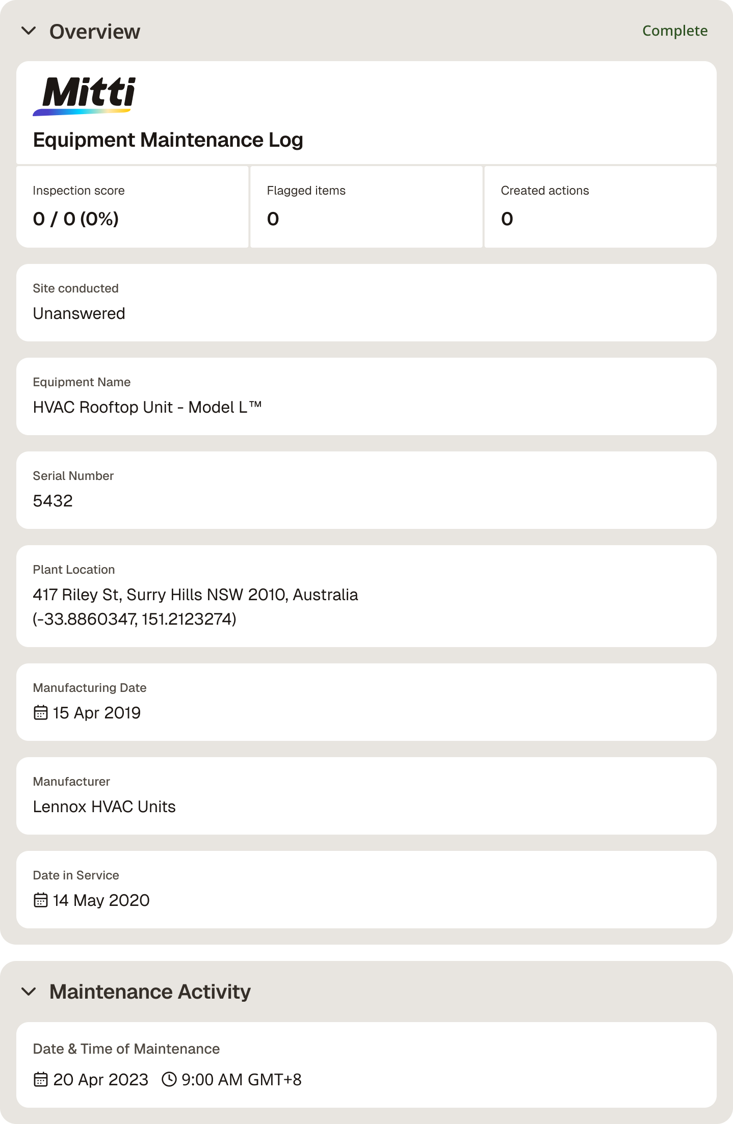 equipment maintenance log