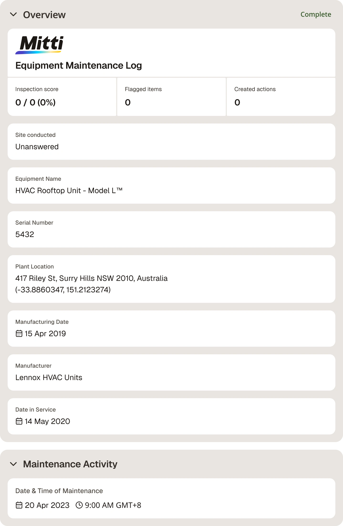 equipment maintenance log