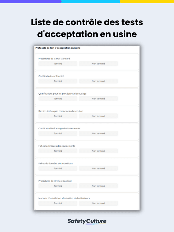 Liste de contrôle des tests d'acceptation en usine