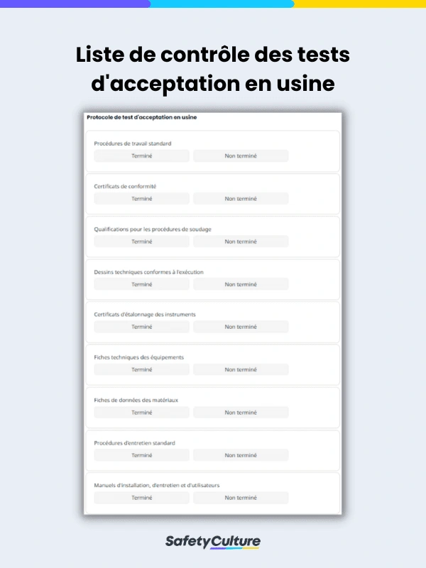 Liste de contrôle des tests d'acceptation en usine