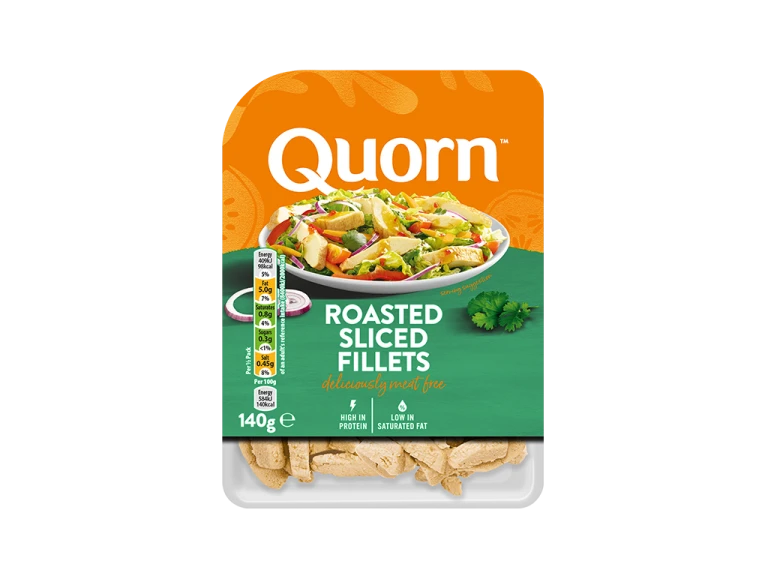 A packet of Quorn Roasted Sliced Fillets showing the prepared product and information.