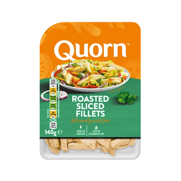 A packet of Quorn Roasted Sliced Fillets showing the prepared product and information.