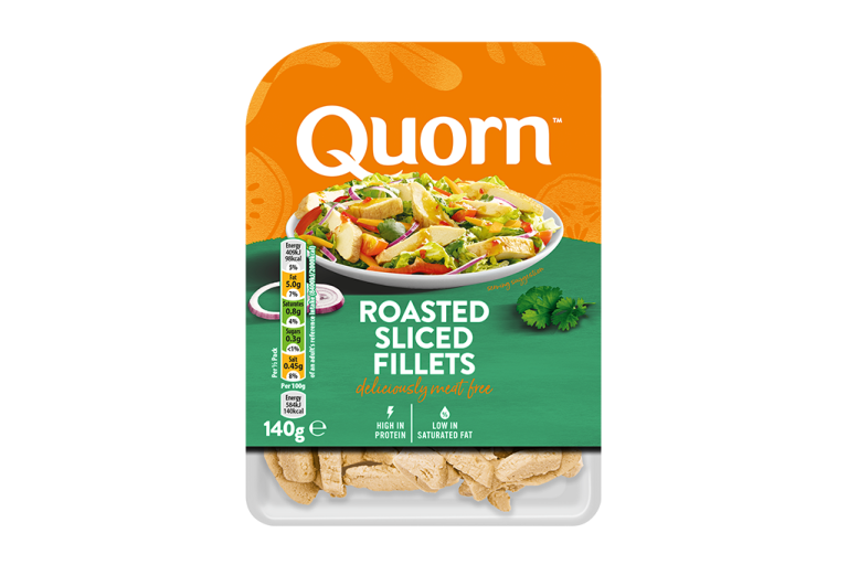 A packet of Quorn Roasted Sliced Fillets showing the prepared product and information.