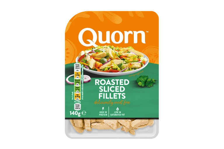 A packet of Quorn Roasted Sliced Fillets showing the prepared product and information.