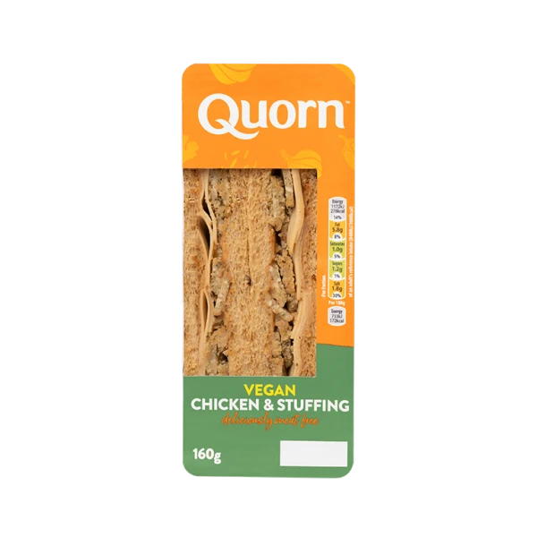 Quorn Vegan Chicken and Stuffing Sandwich, made with Quorn Chicken Flavour Deli Slices, sage and onion stuffing, free-from mayonaise in malted bread.