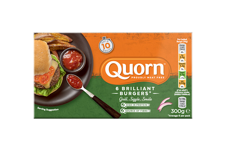 A box of Quorn Brilliant Burgers showing the prepared product and information on an orange and green background.