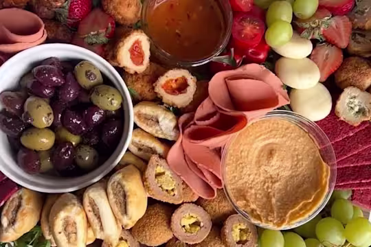 Quorn Cocktail Sausages, Picnic Eggs, Mini Sausage Rolls, Vegan Smoky Ham Free Slices, Garlic and Herb Bites, Sweet Chilli Bites and Garlic and Herb Bites on a board with olives, hummus, strawberries, grapes, cheese and beetroot crackers.