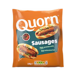 A bag of Quorn Sausages showing the prepared product and information on an orange and charcoal background.