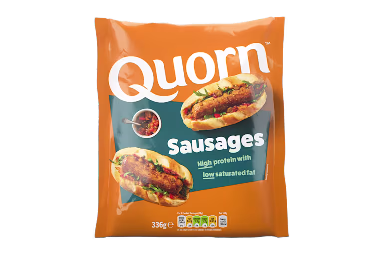 A bag of Quorn Sausages showing the prepared product and information on an orange and charcoal background.