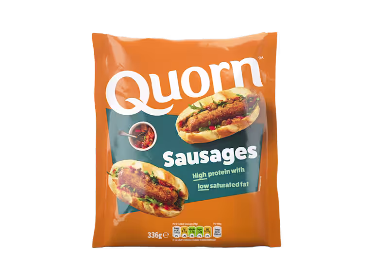 A bag of Quorn Sausages showing the prepared product and information on an orange and charcoal background.