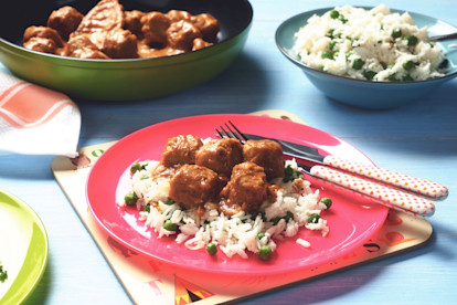 quorn swedish style meatball satay with coconut rice vegetarian recipe