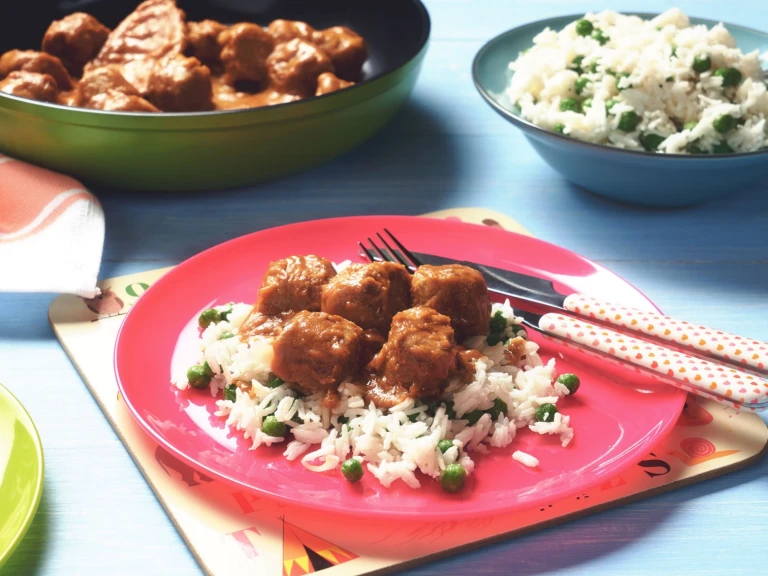 quorn swedish style meatball satay with coconut rice vegetarian recipe