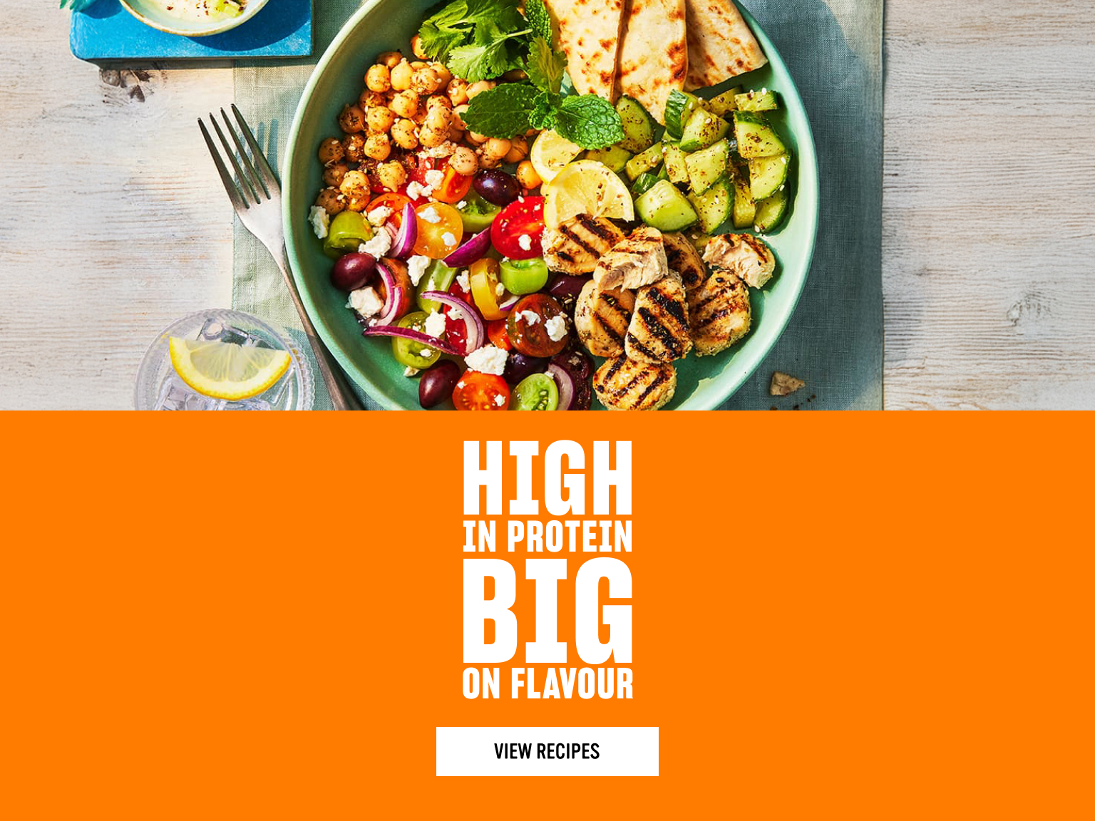 Quorn banner with 'High in Protein, big on flavour' with a dish using Quorn Pieces, courgette and lentils above