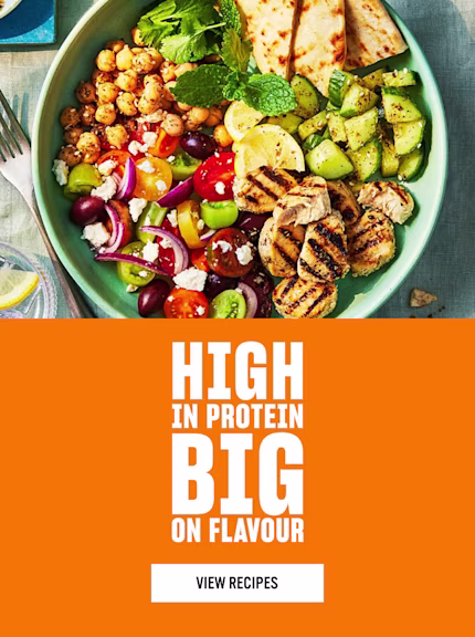 Quorn banner with 'High in Protein, big on flavour' with a dish using Quorn Pieces, courgette and lentils above