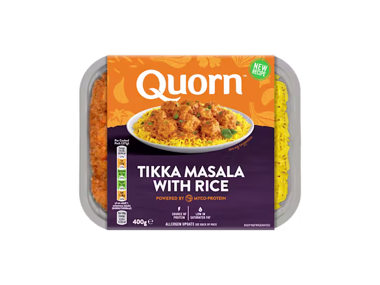 Quorn Vegetarian Tikka Masala With Rice packaging.