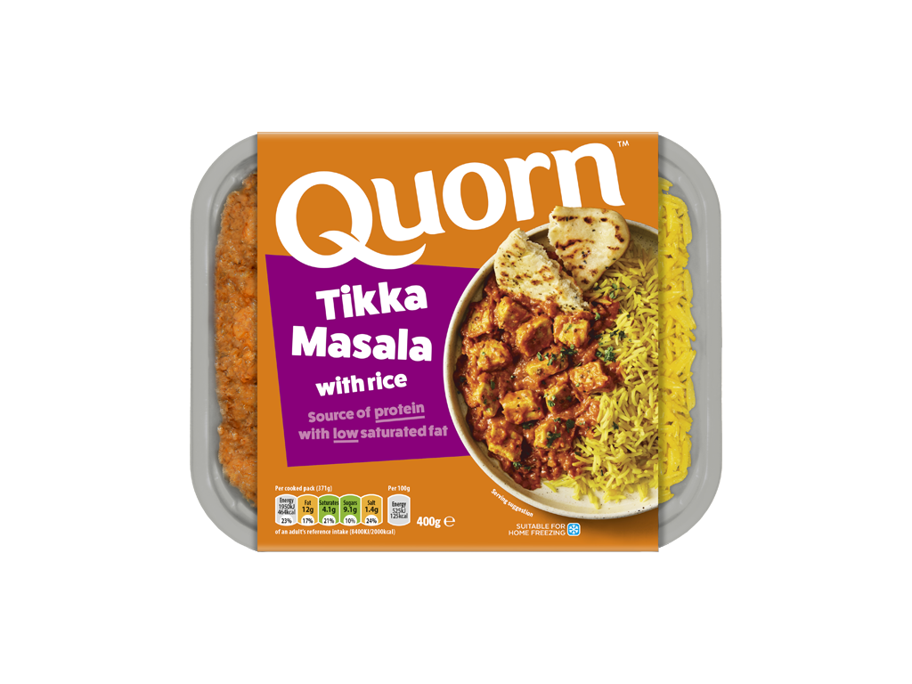 Quorn Vegetarian Tikka Masala With Rice packaging.