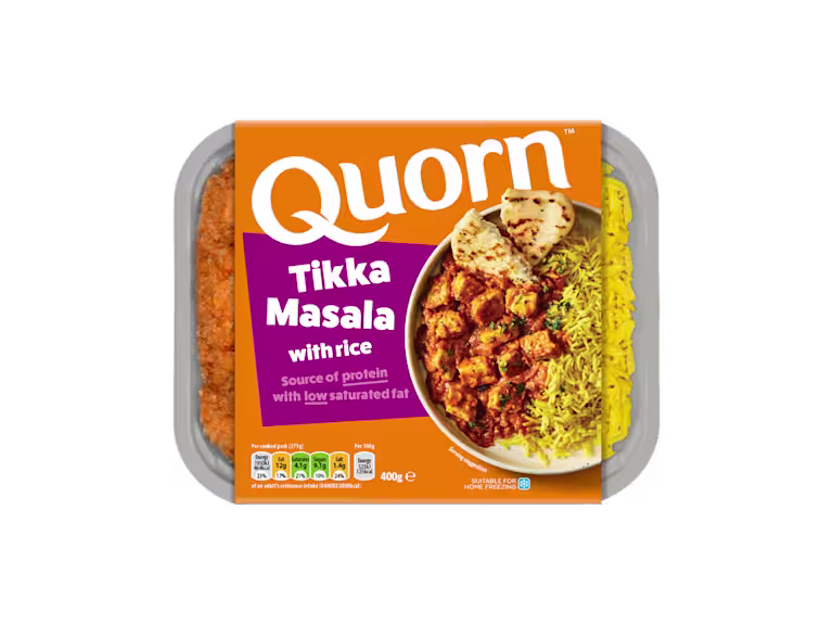 Quorn Vegetarian Tikka Masala With Rice packaging.