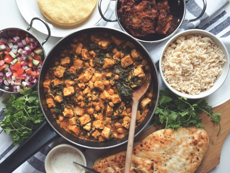 A curry made with Quorn Pieces, chickpeas, and spinach in a large pot surrounded by a bowl of rice, a bowl of salad, a plate of poppadoms, and naan bread on a board.