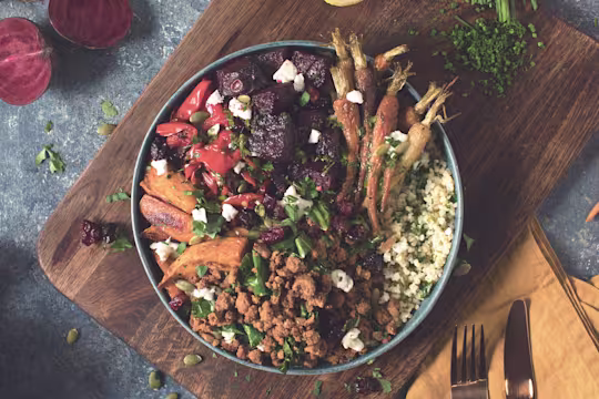 roasted veggie and quorn mince winter buddha bowl vegetarian recipe