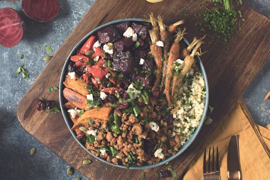 roasted veggie and quorn mince winter nourish bowl vegetarian recipe