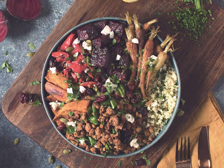 roasted veggie and quorn mince winter buddha bowl vegetarian recipe