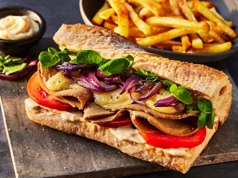 A Quorn vegetarian roast beef steak sandwich featuring Quorn Roast Beef Slices served with a side of chips.