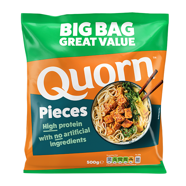 A bag of Quorn Pieces showing the prepared product and information on an orange and charcoal background.