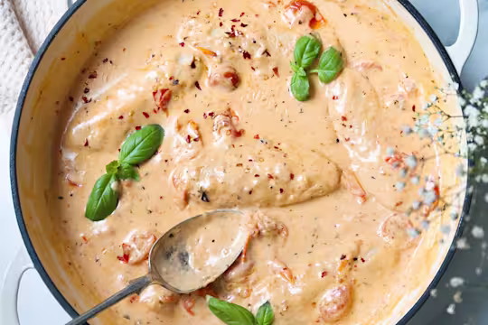 Vegetarian Marry Me Chicken made with Quorn Fillets in a creamy tomato sauce served in a blue bowl.