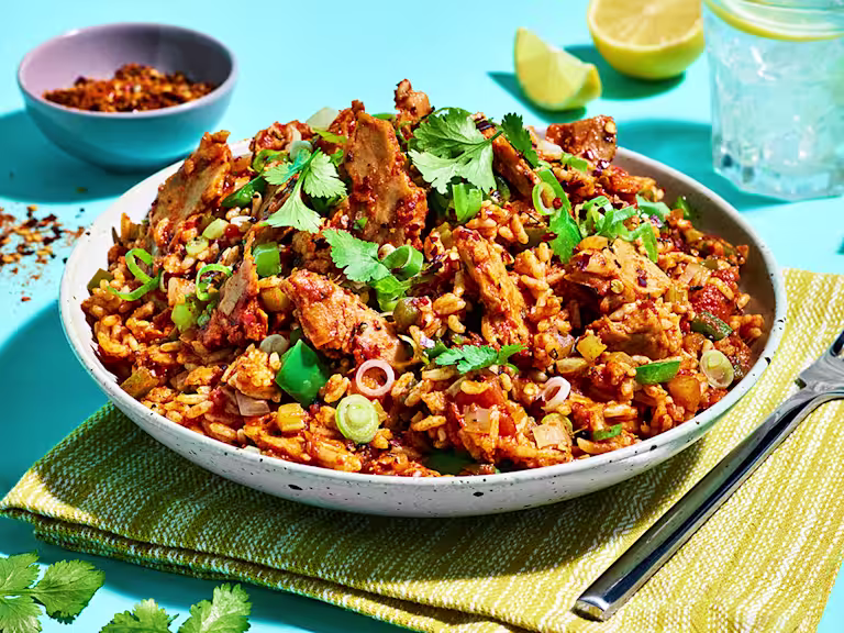 A large plate of quorn one pot vegetarian jambalaya featuring Quorn Roast Mini Fillets.