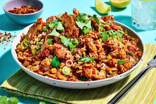 A large plate of quorn one pot vegetarian jambalaya featuring Quorn Roast Mini Fillets.