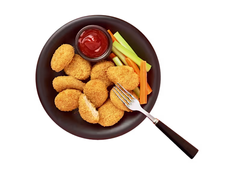 Quorn Vegan Crunchy Nuggets packaging with nutritional information.