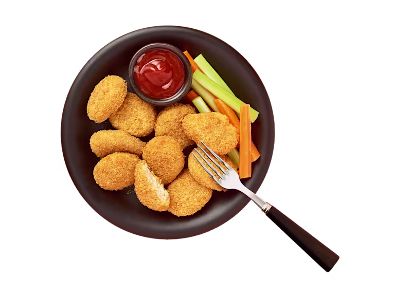 Quorn Vegan Crunchy Nuggets packaging with nutritional information.