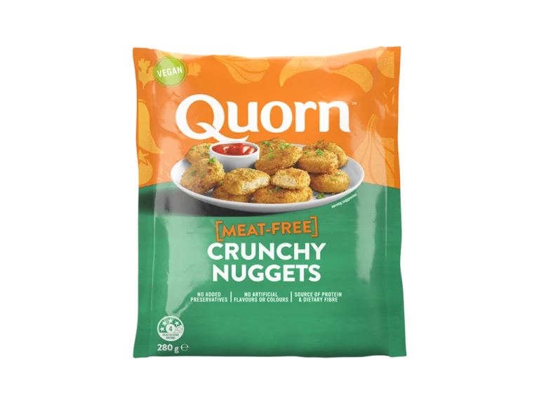 Quorn Vegan Crunchy Nuggets packaging with nutritional information.