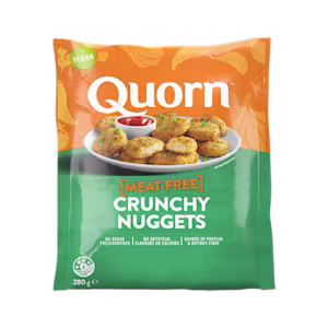 Quorn Vegan Crunchy Nuggets packaging with nutritional information.
