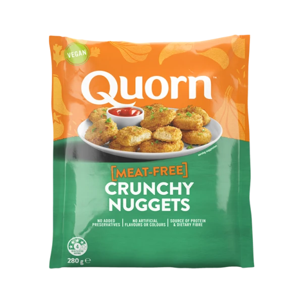 Quorn Vegan Crunchy Nuggets packaging with nutritional information.