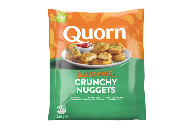 Quorn Vegan Crunchy Nuggets packaging with nutritional information.